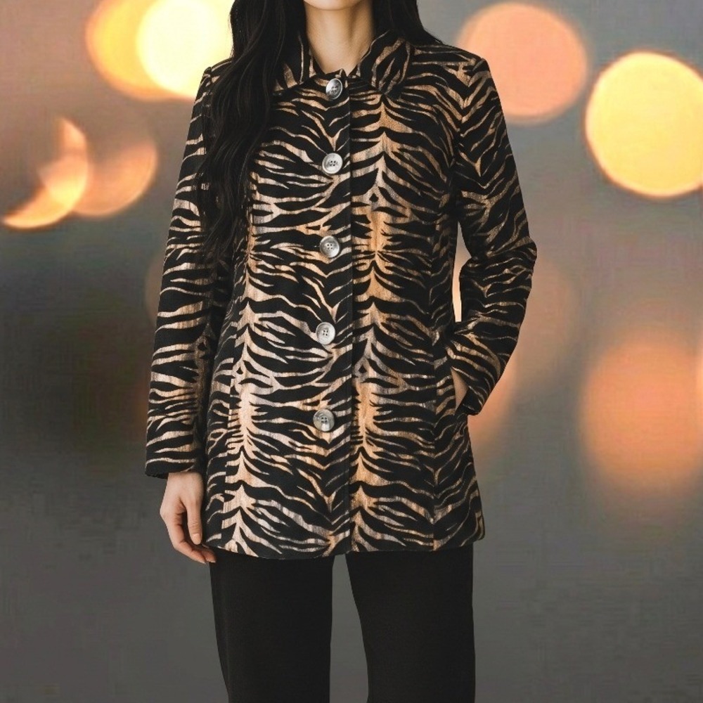 Erin London Animal Print Metallic Button Front Jacket Womens Black Bronze Large